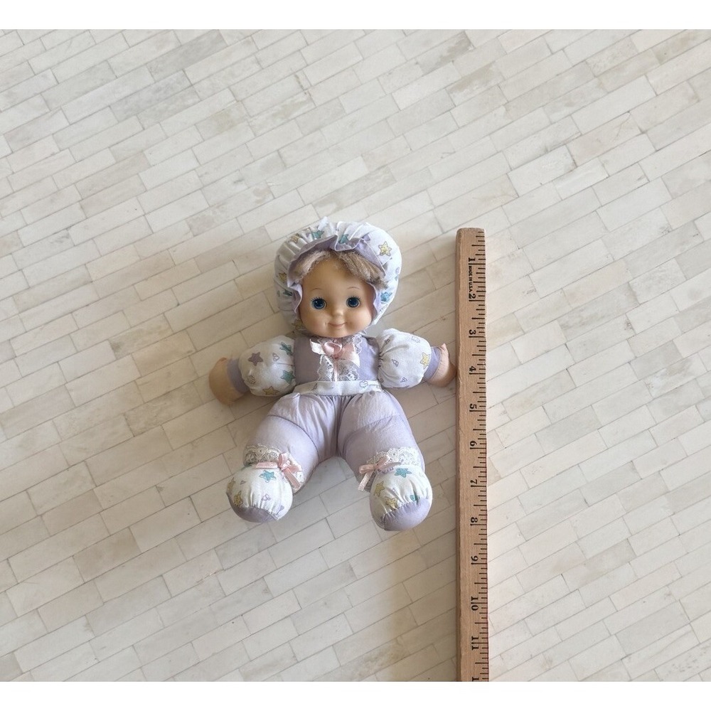 Vtg PUFFALUMP‎ Baby Nylon Plush Doll Plush Purple Stars 90s Toys Blonde Pink Bow